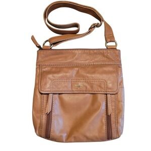 Fossil Crossbody Bag‎ Leather Purse Shoulder Bag Zip Pockets Camel Vintage  Y2K
